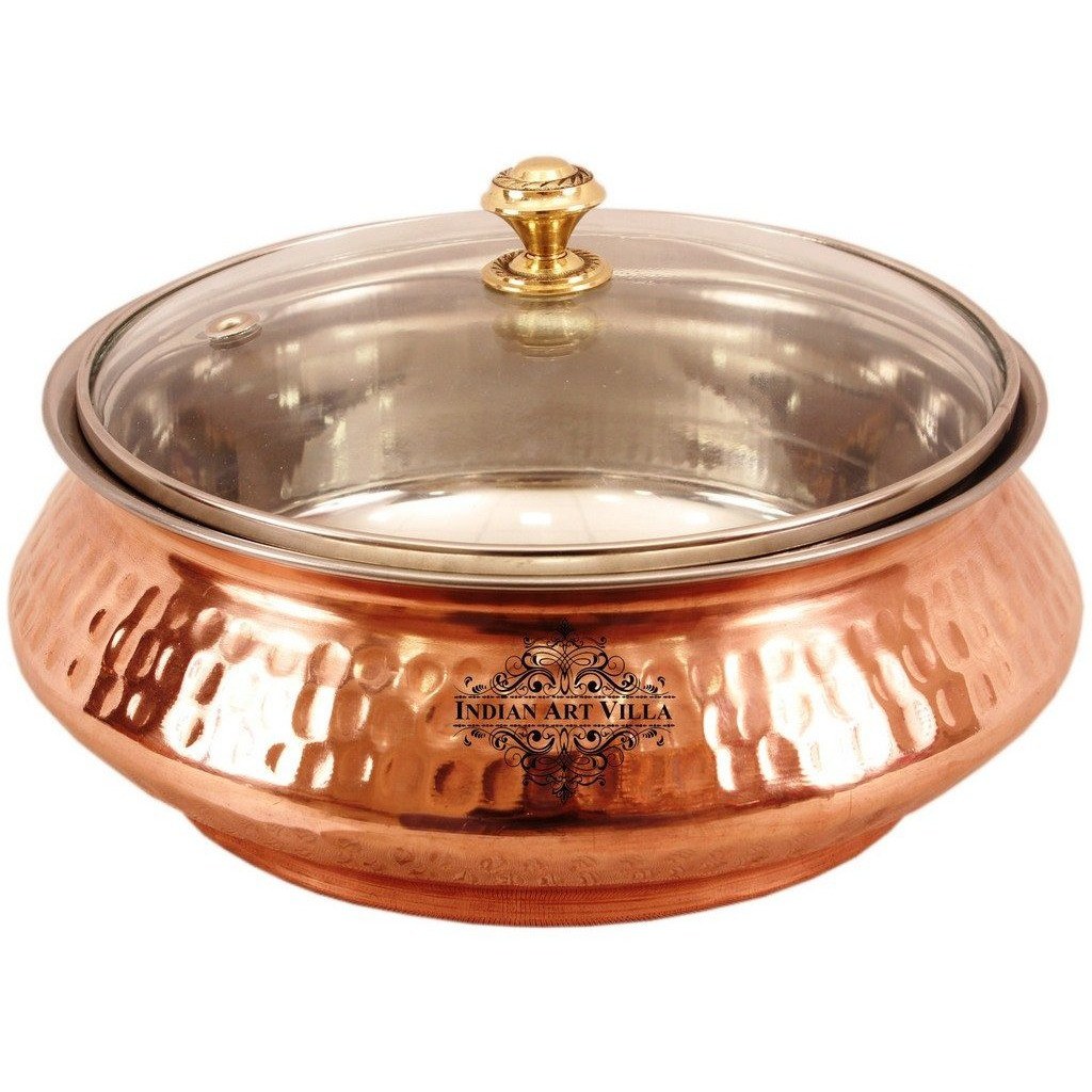 Indian Art Villa Steel Copper Mughlai Handi & Glass Lid 26 Oz
