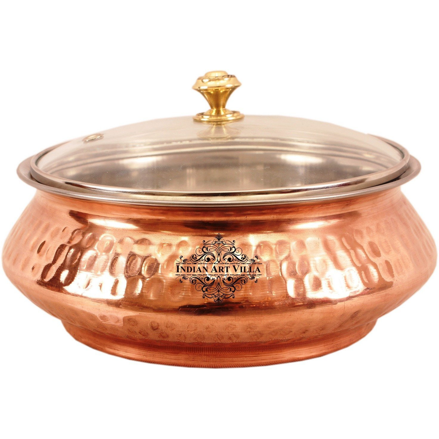 Indian Art Villa Steel Copper Mughlai Handi & Glass Lid 26 Oz