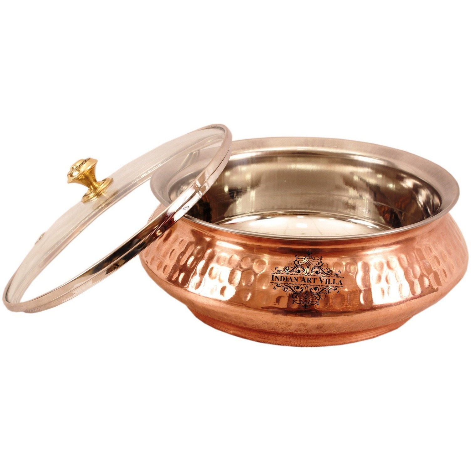 Indian Art Villa Steel Copper Mughlai Handi & Glass Lid 26 Oz