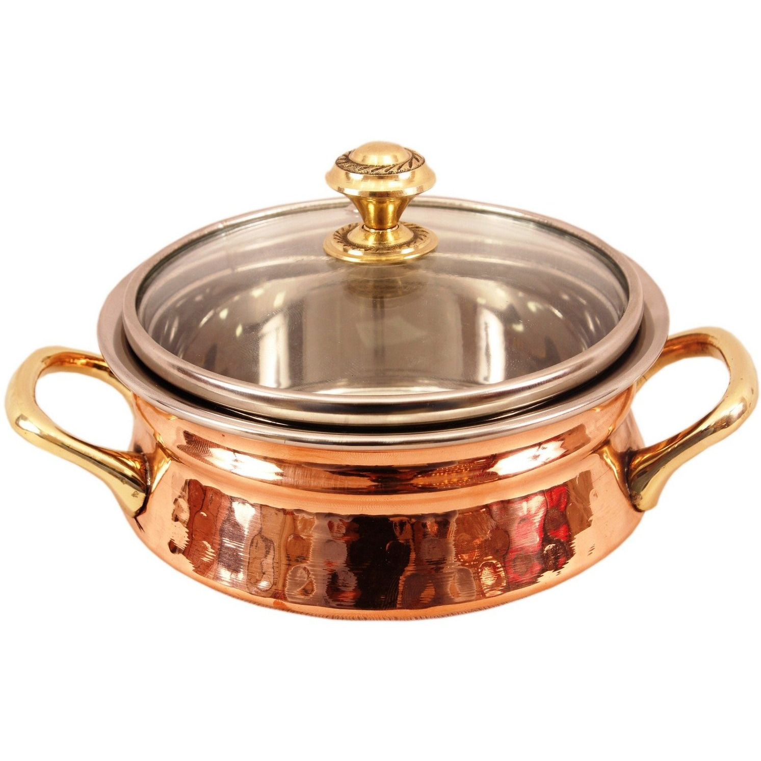 Indian Art Villa Steel Copper Handi with Brass Handi & Glass Lid 5  Inch Dia