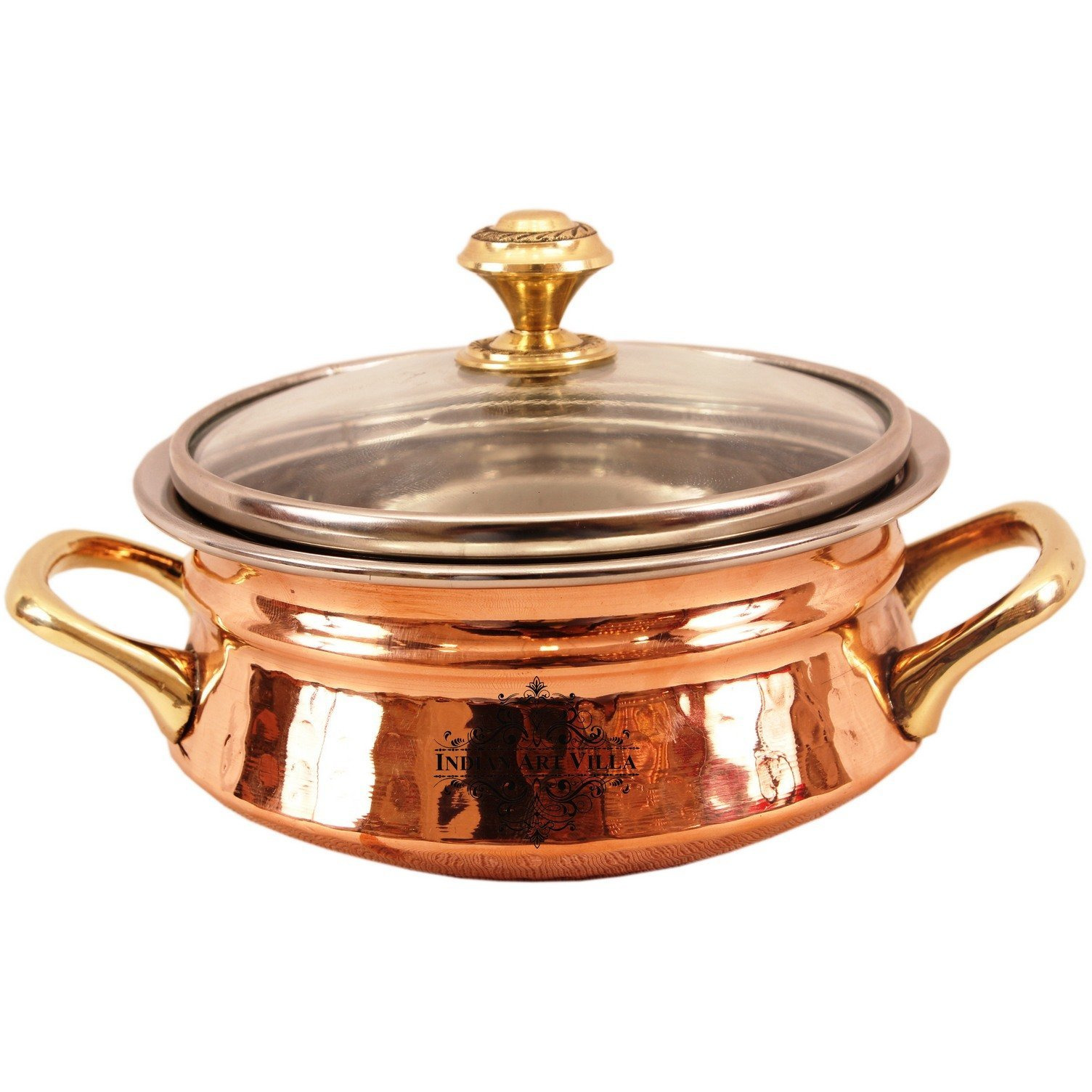 Indian Art Villa Steel Copper Handi with Brass Handi & Glass Lid 5  Inch Dia