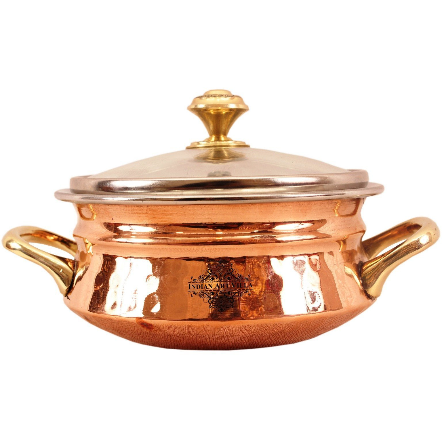 Indian Art Villa Steel Copper Handi with Brass Handi & Glass Lid 5  Inch Dia