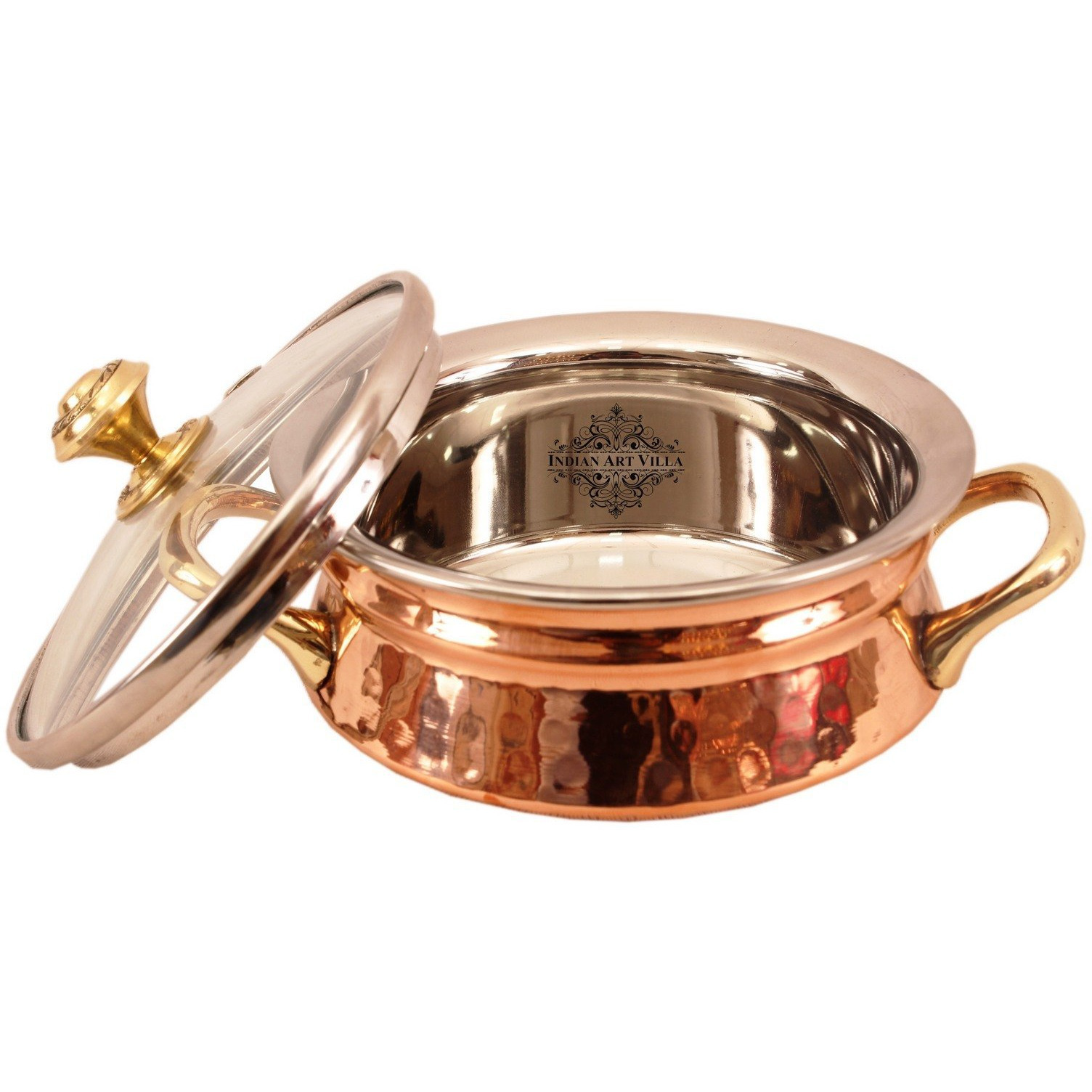 Indian Art Villa Steel Copper Handi with Brass Handi & Glass Lid 5  Inch Dia