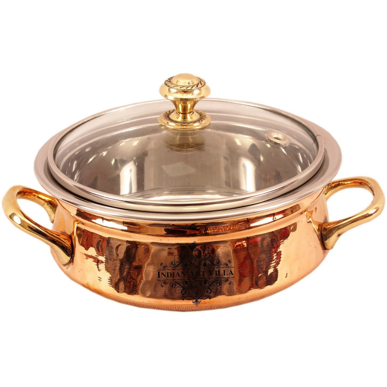 Indian Art Villa Steel Copper Handi with Brass Handi & Glass Lid 6  Inch Dia