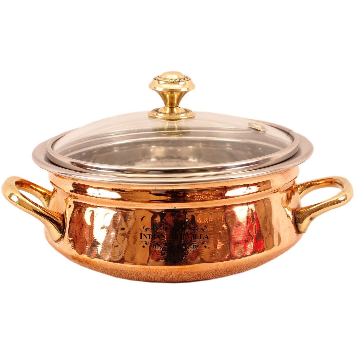 Indian Art Villa Steel Copper Handi with Brass Handi & Glass Lid 6  Inch Dia