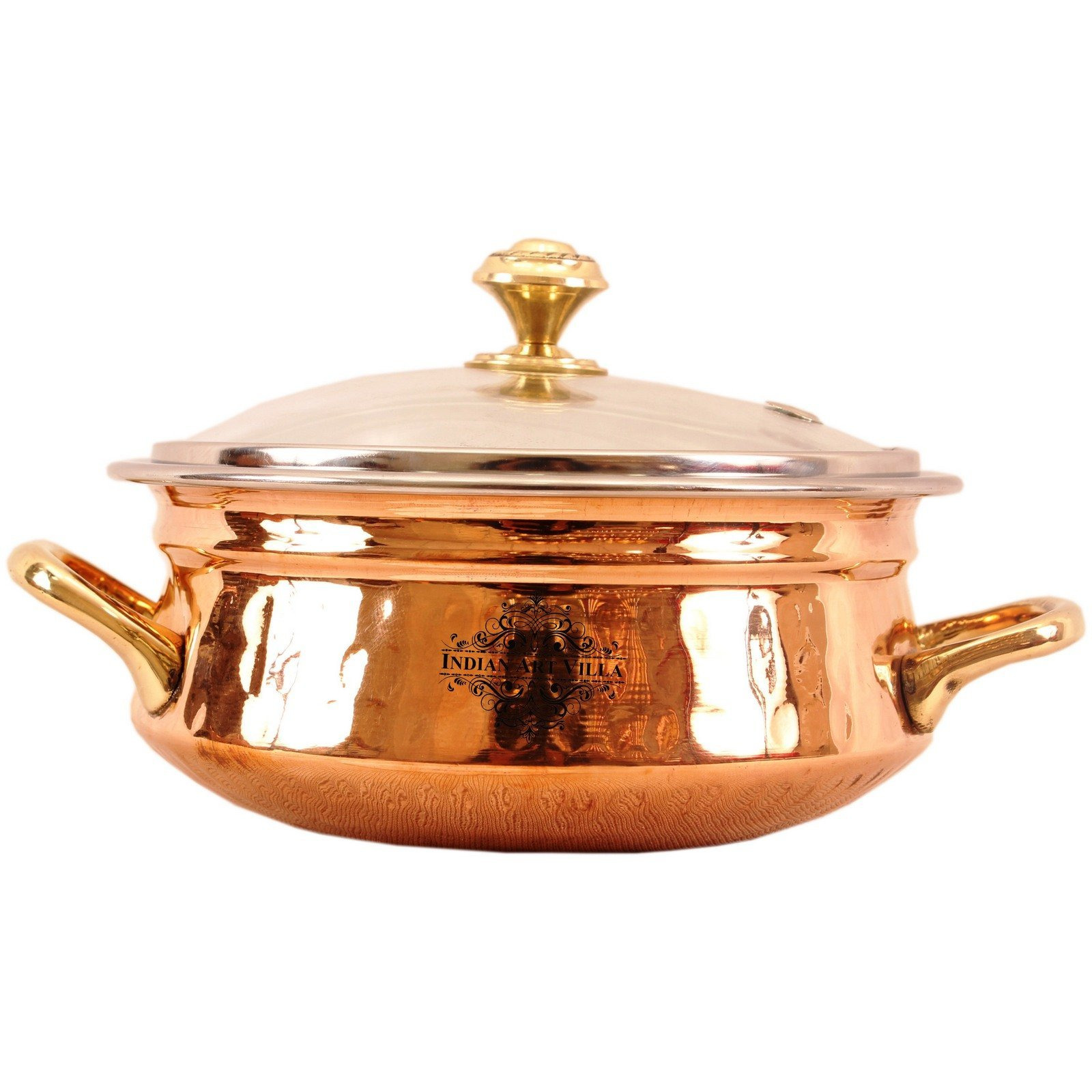 Indian Art Villa Steel Copper Handi with Brass Handi & Glass Lid 6  Inch Dia