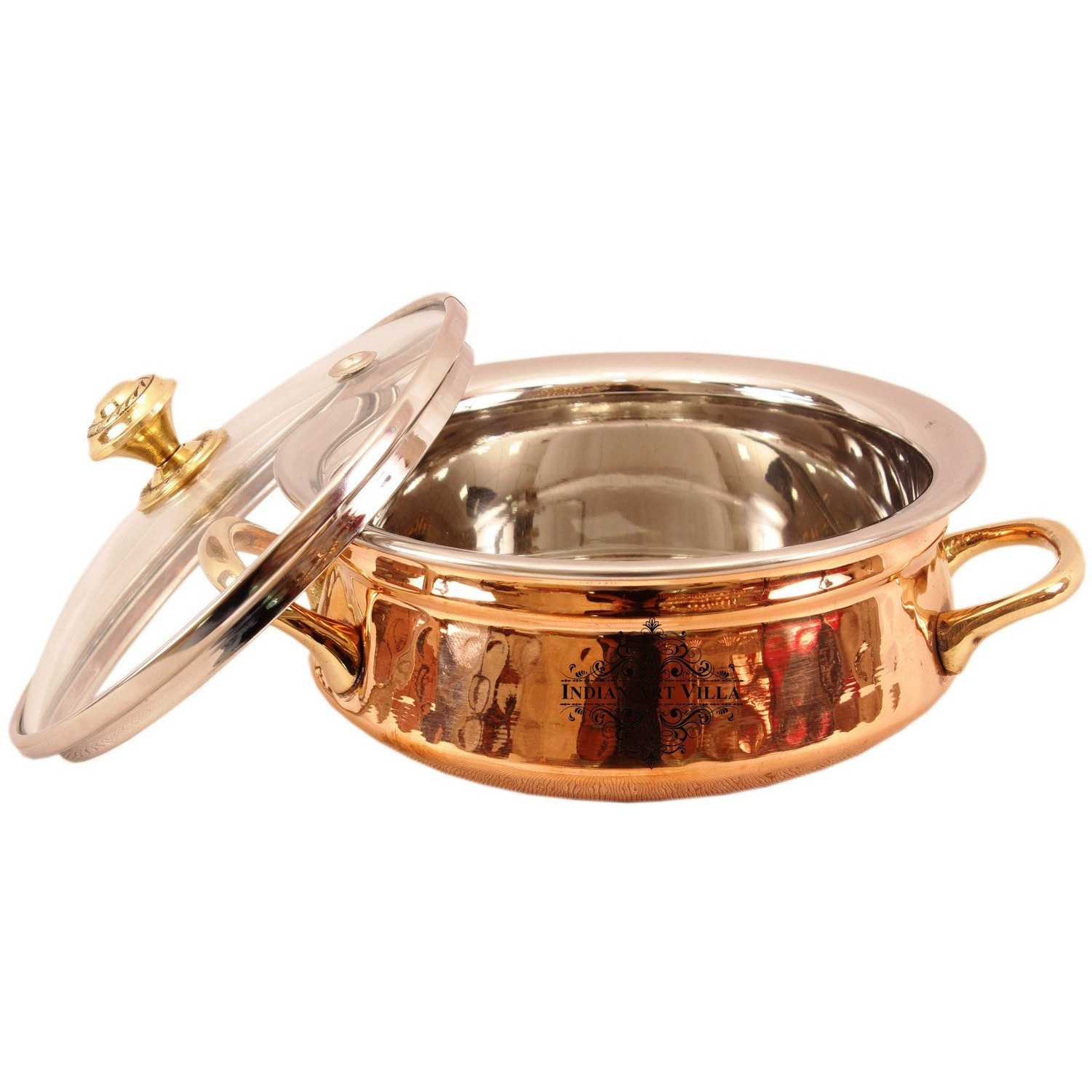 Indian Art Villa Steel Copper Handi with Brass Handi & Glass Lid 6  Inch Dia