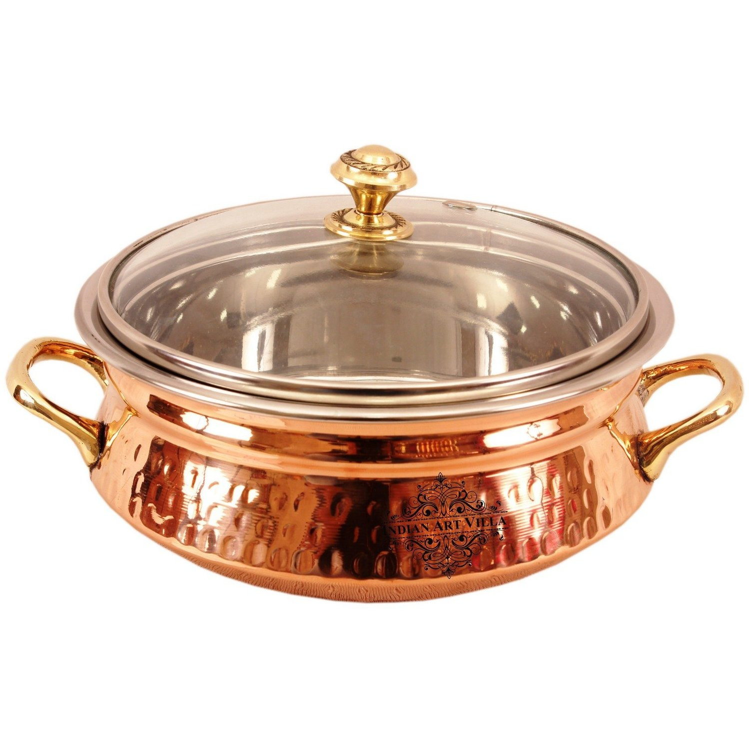 Indian Art Villa Steel Copper Handi with Brass Handi & Glass Lid 7  Inch Dia