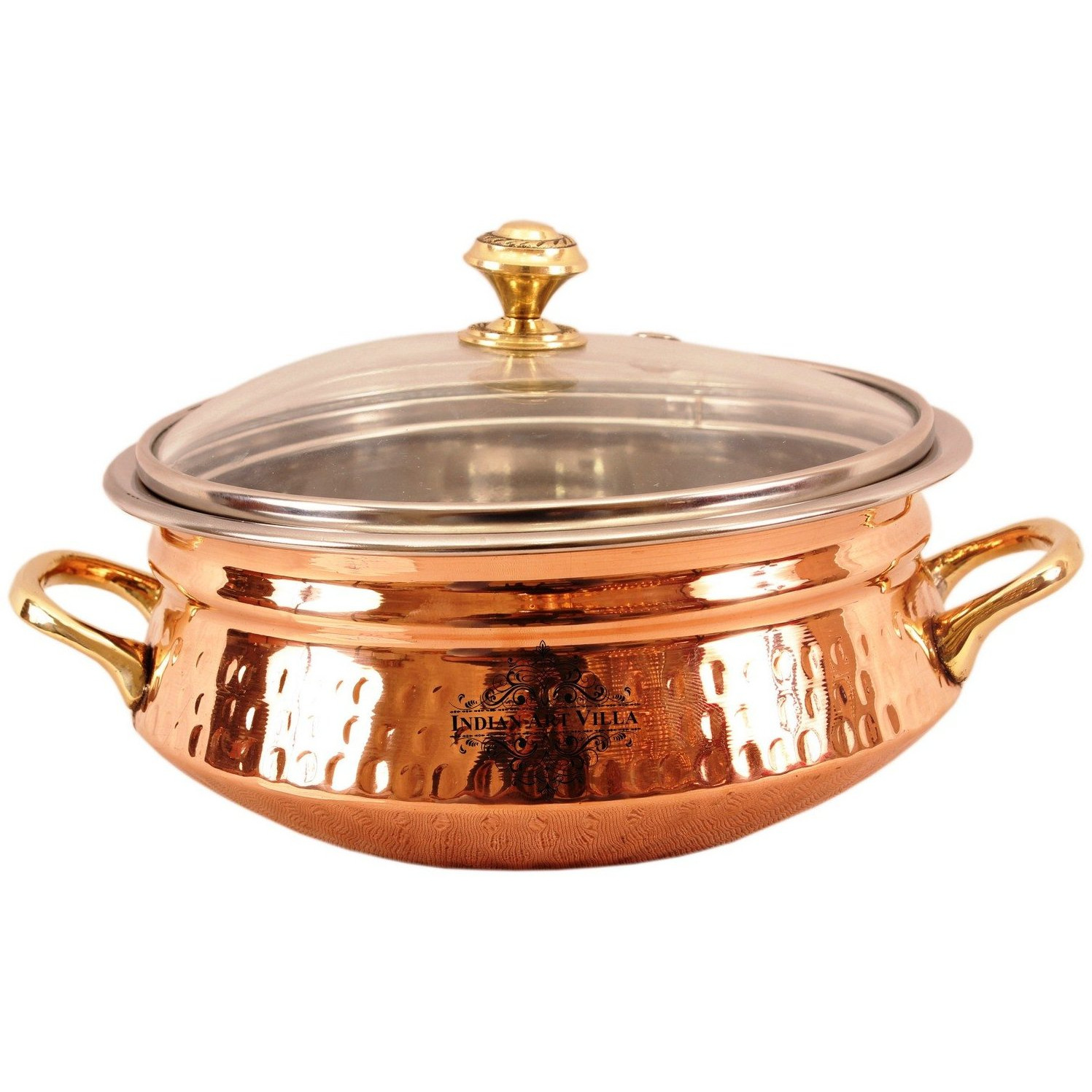 Indian Art Villa Steel Copper Handi with Brass Handi & Glass Lid 7  Inch Dia
