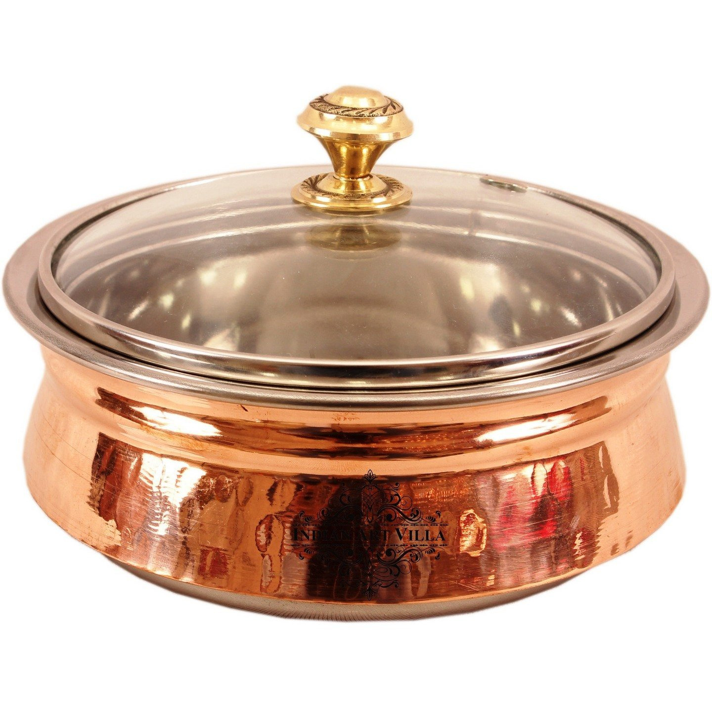 Indian Art Villa Steel Copper Induction Handi with Glass Lid 6.5  Inch Dia