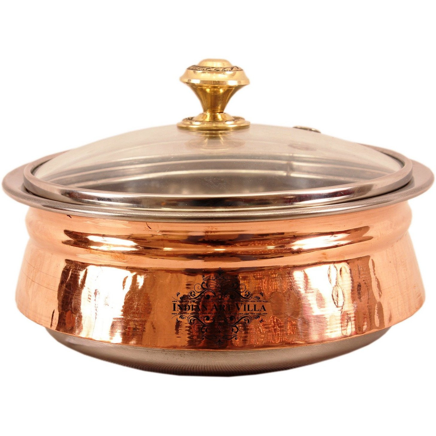 Indian Art Villa Steel Copper Induction Handi with Glass Lid 6.5  Inch Dia