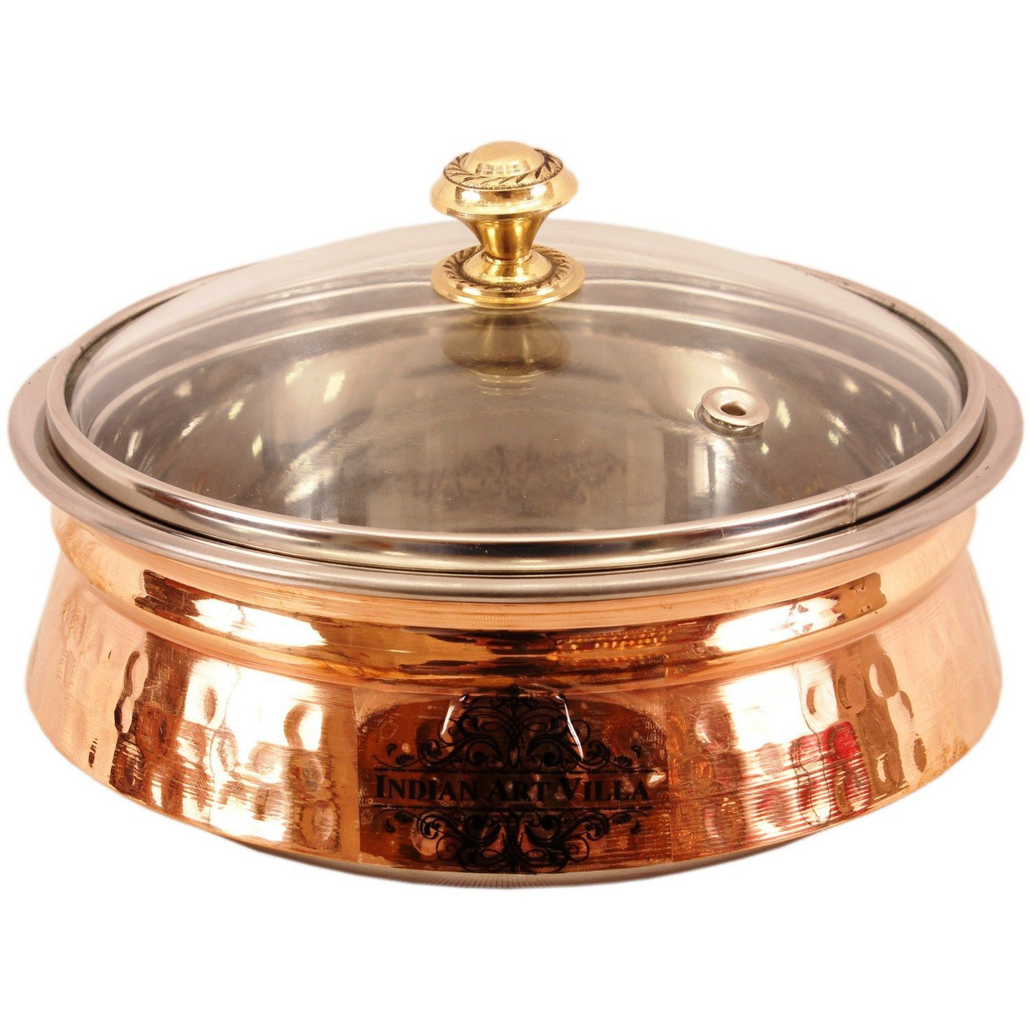 Indian Art Villa Steel Copper Induction Handi with Glass Lid 8.0  Inch Dia