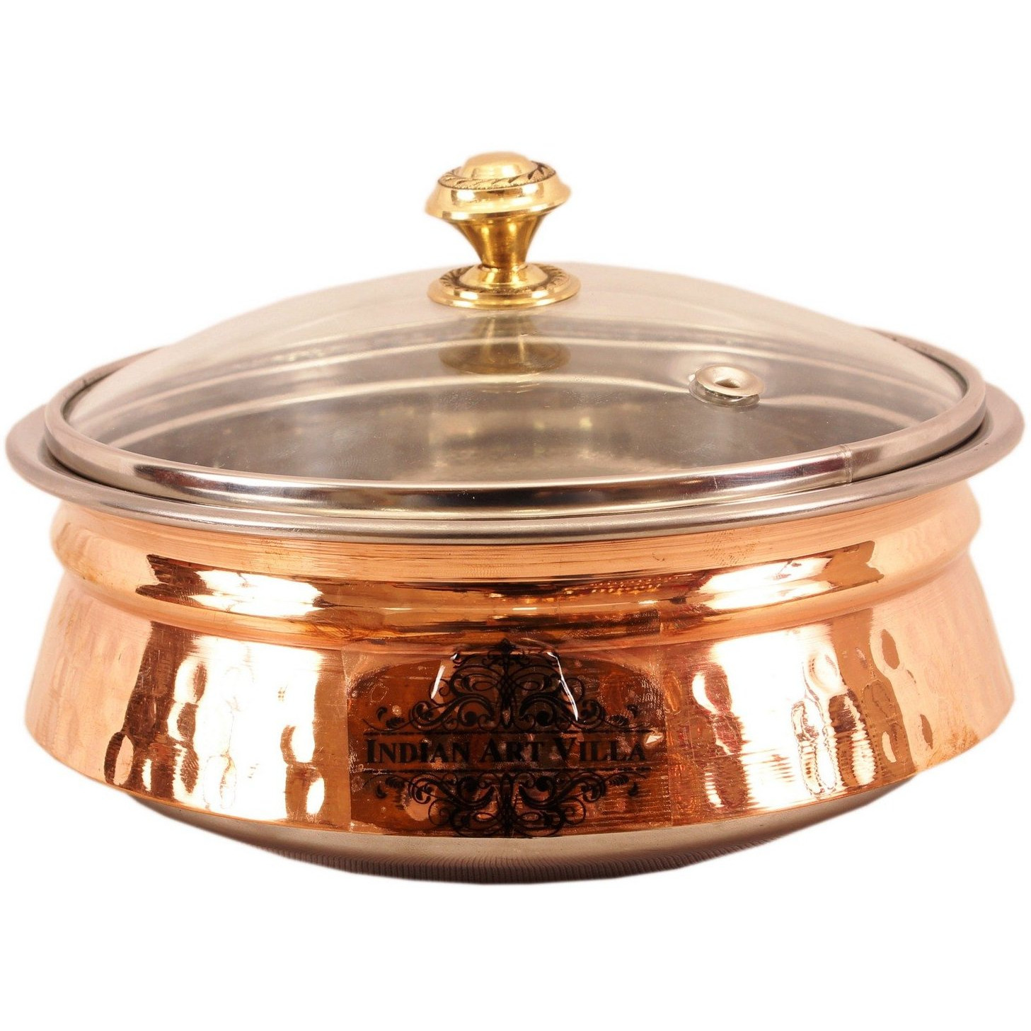 Indian Art Villa Steel Copper Induction Handi with Glass Lid 8.0  Inch Dia