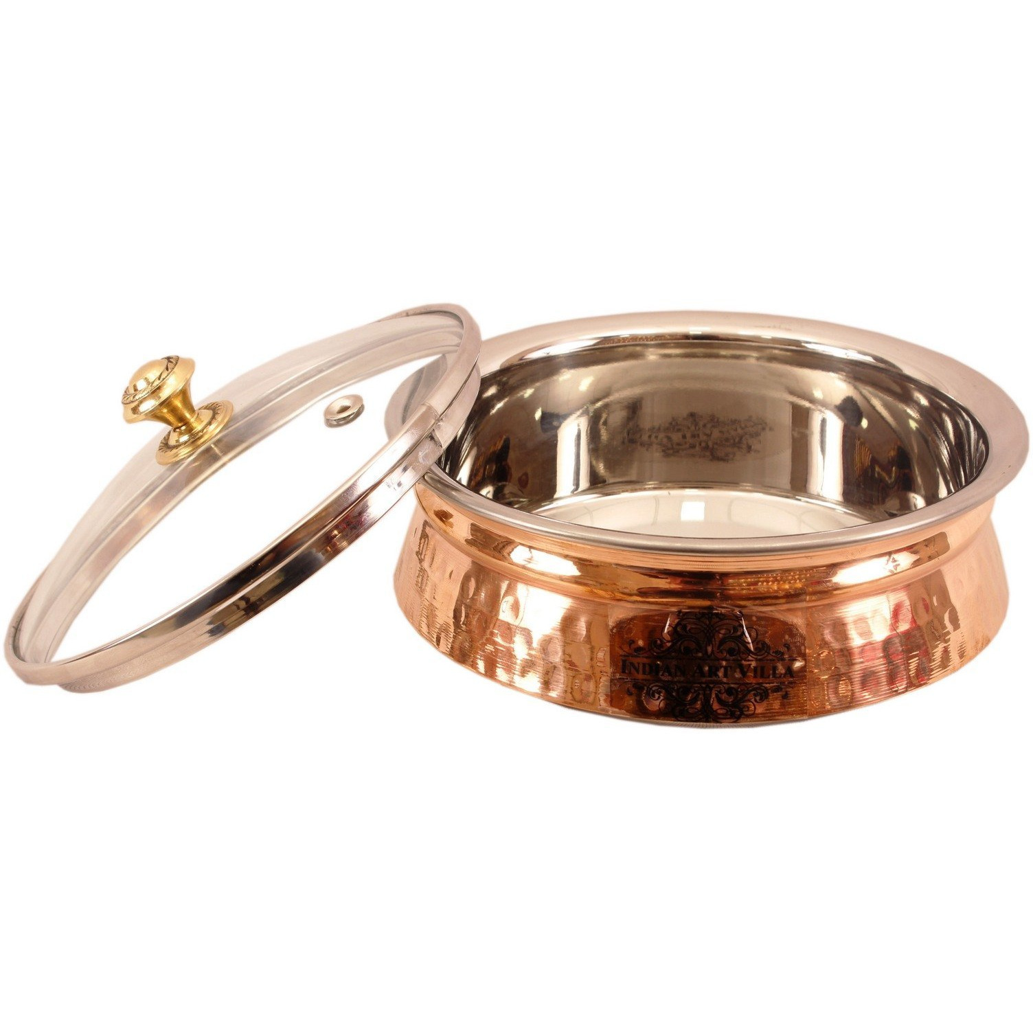 Indian Art Villa Steel Copper Induction Handi with Glass Lid 8.0  Inch Dia