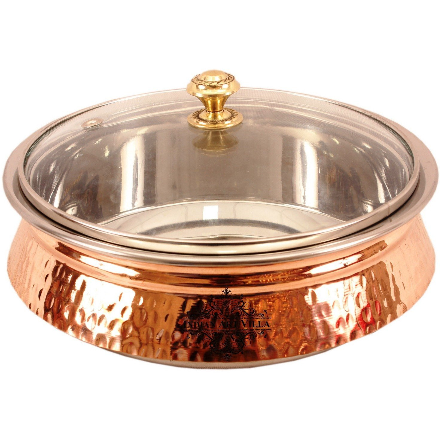 Indian Art Villa Steel Copper Induction Handi with Glass Lid 9.2  Inch Dia