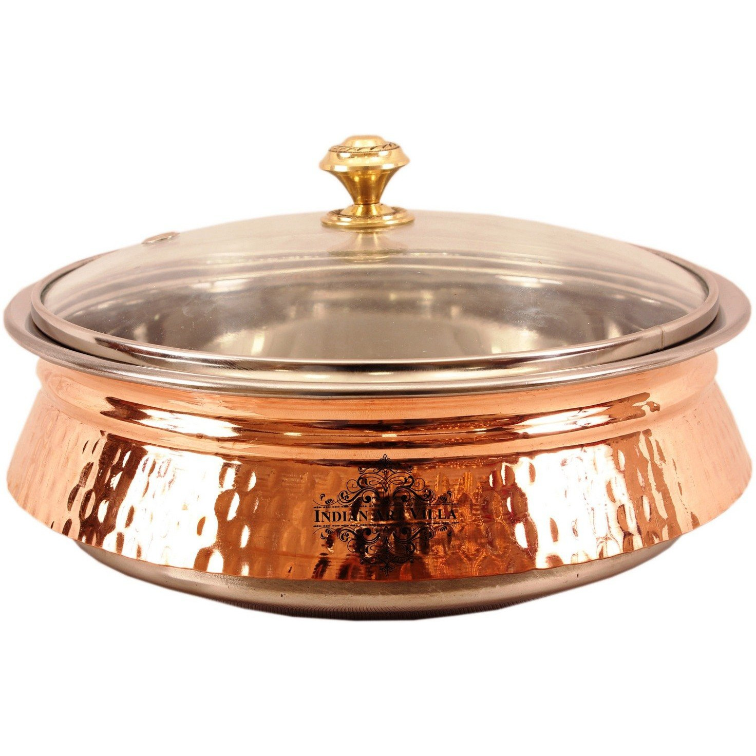 Indian Art Villa Steel Copper Induction Handi with Glass Lid 9.2  Inch Dia