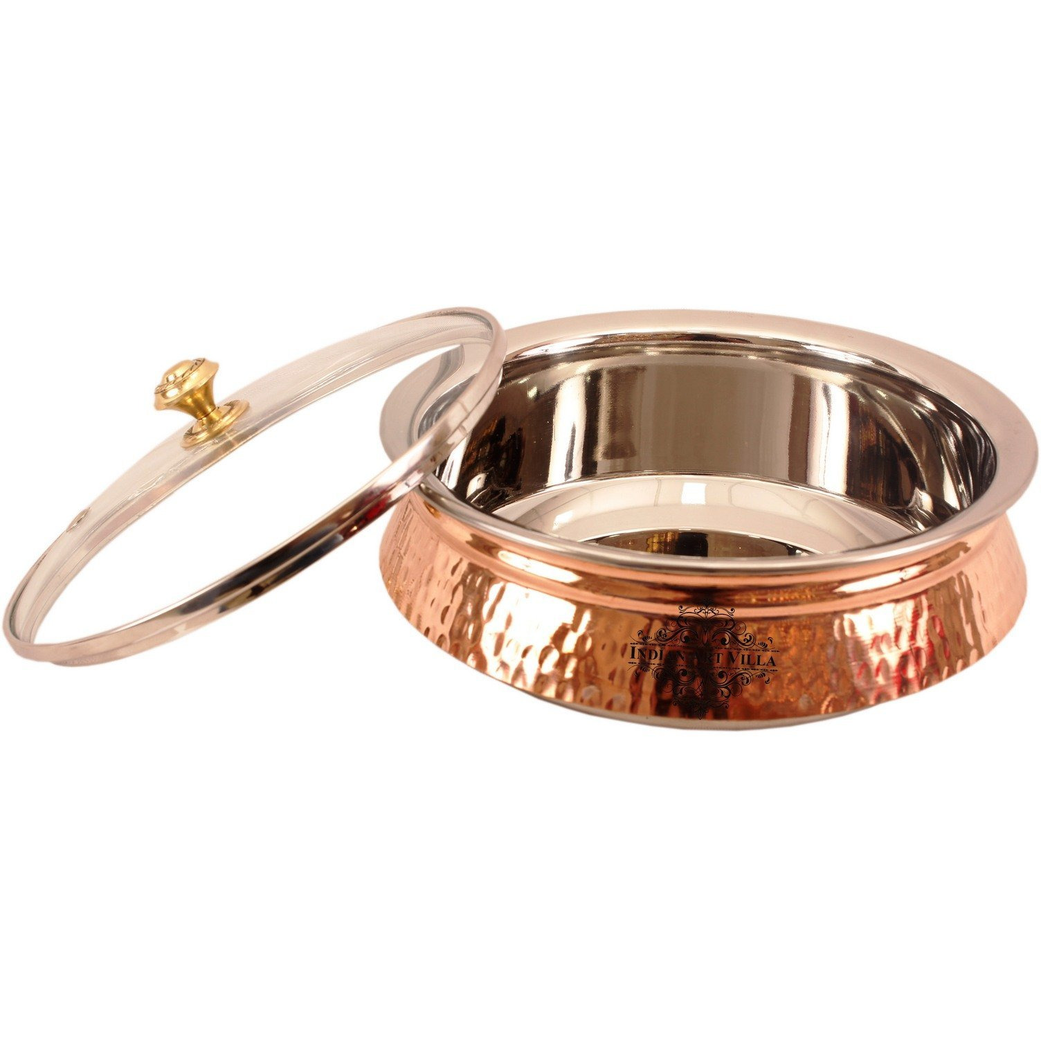 Indian Art Villa Steel Copper Induction Handi with Glass Lid 9.2  Inch Dia