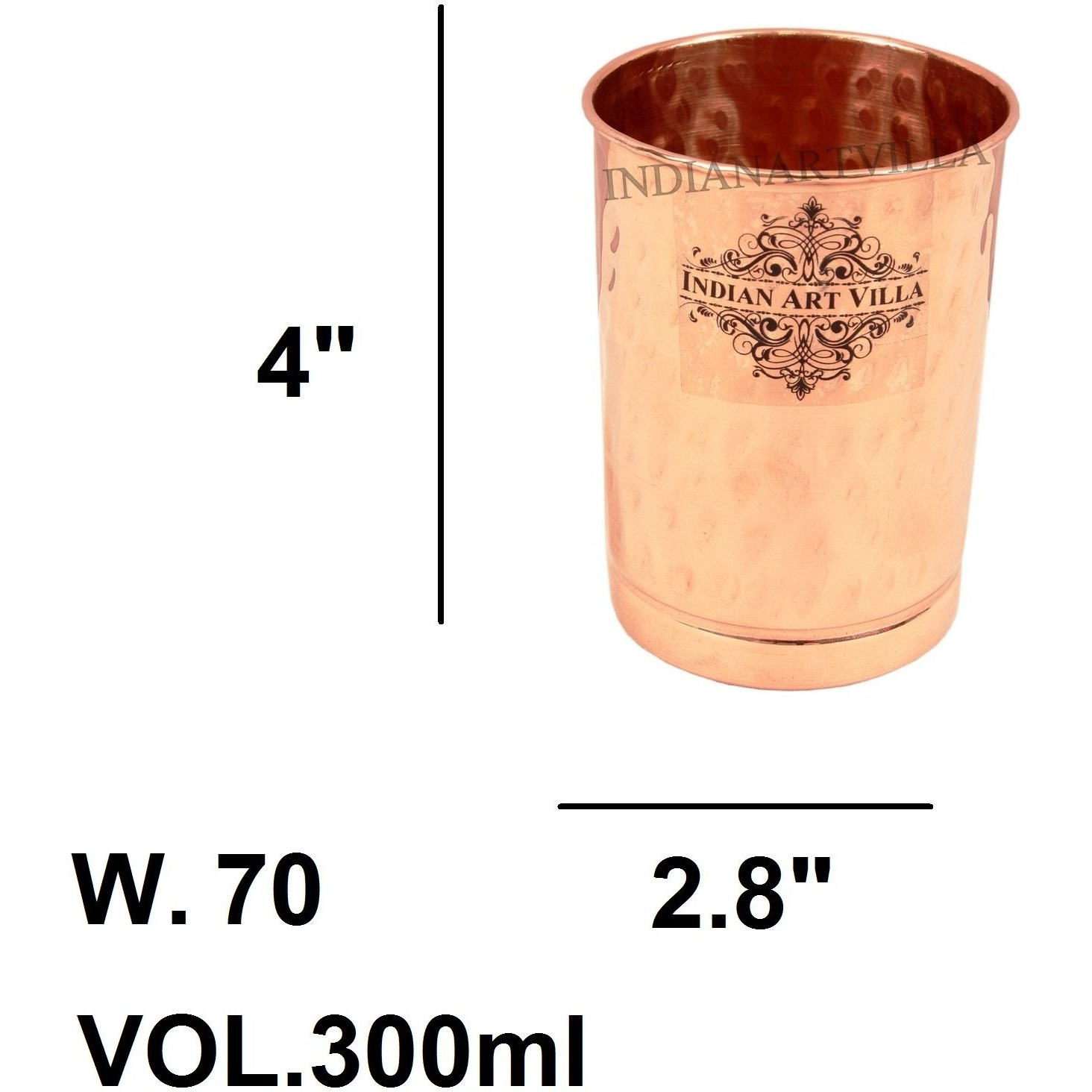 IndianArtVilla Copper Hammered Glass Tumbler With Ring10 OZ