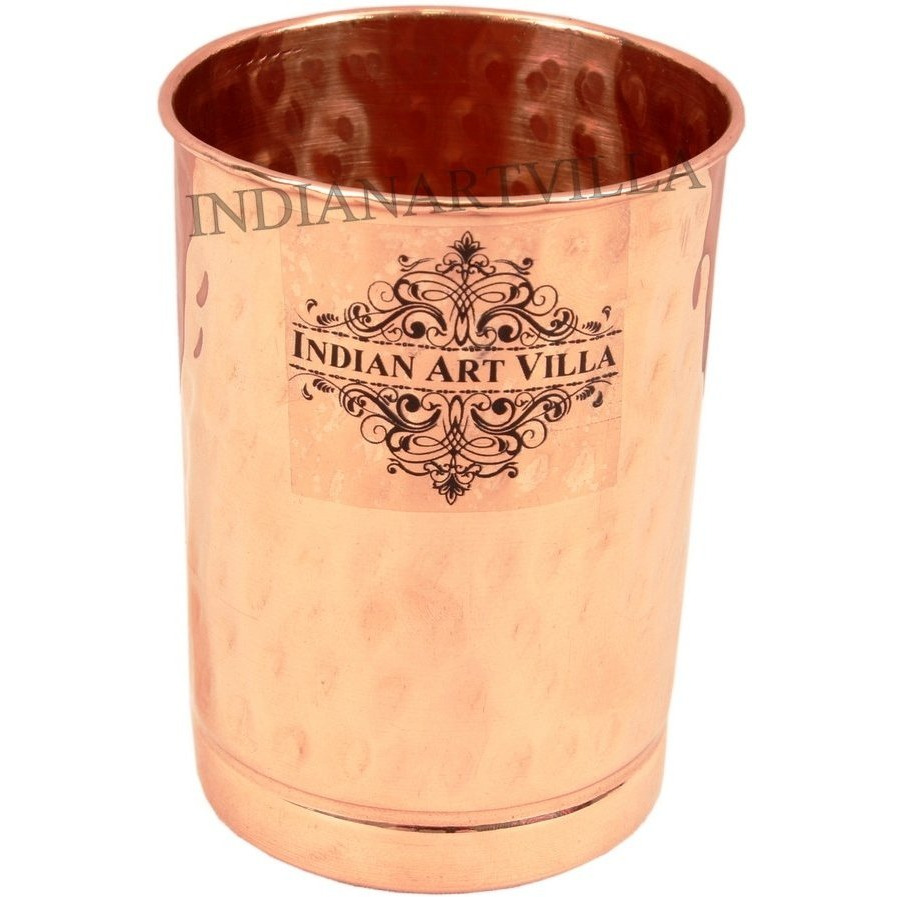 IndianArtVilla Copper Hammered Glass Tumbler With Ring10 OZ