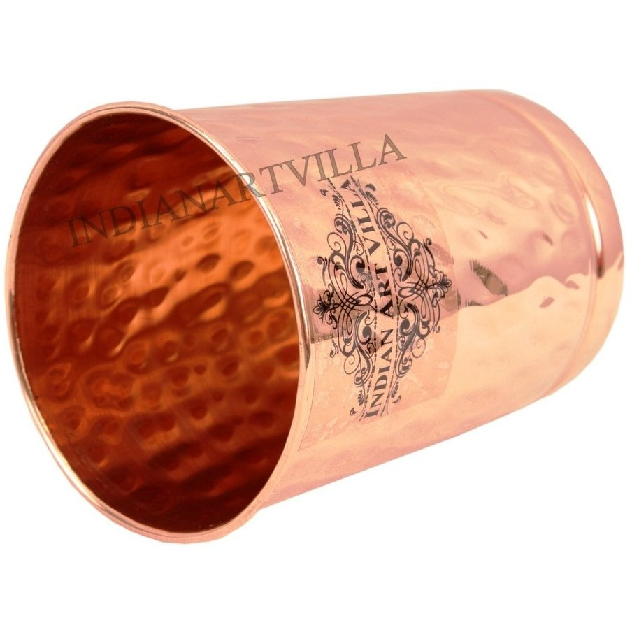 IndianArtVilla Copper Hammered Glass Tumbler With Ring10 OZ