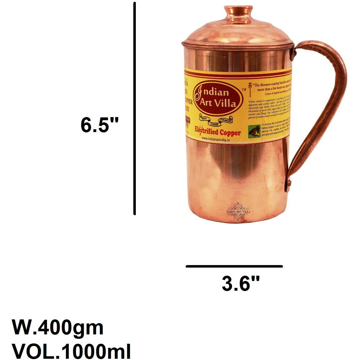 IndianArtVilla Copper Plain Jug Pitcher33 OZ Health Benefit Yoga Ayurveda
