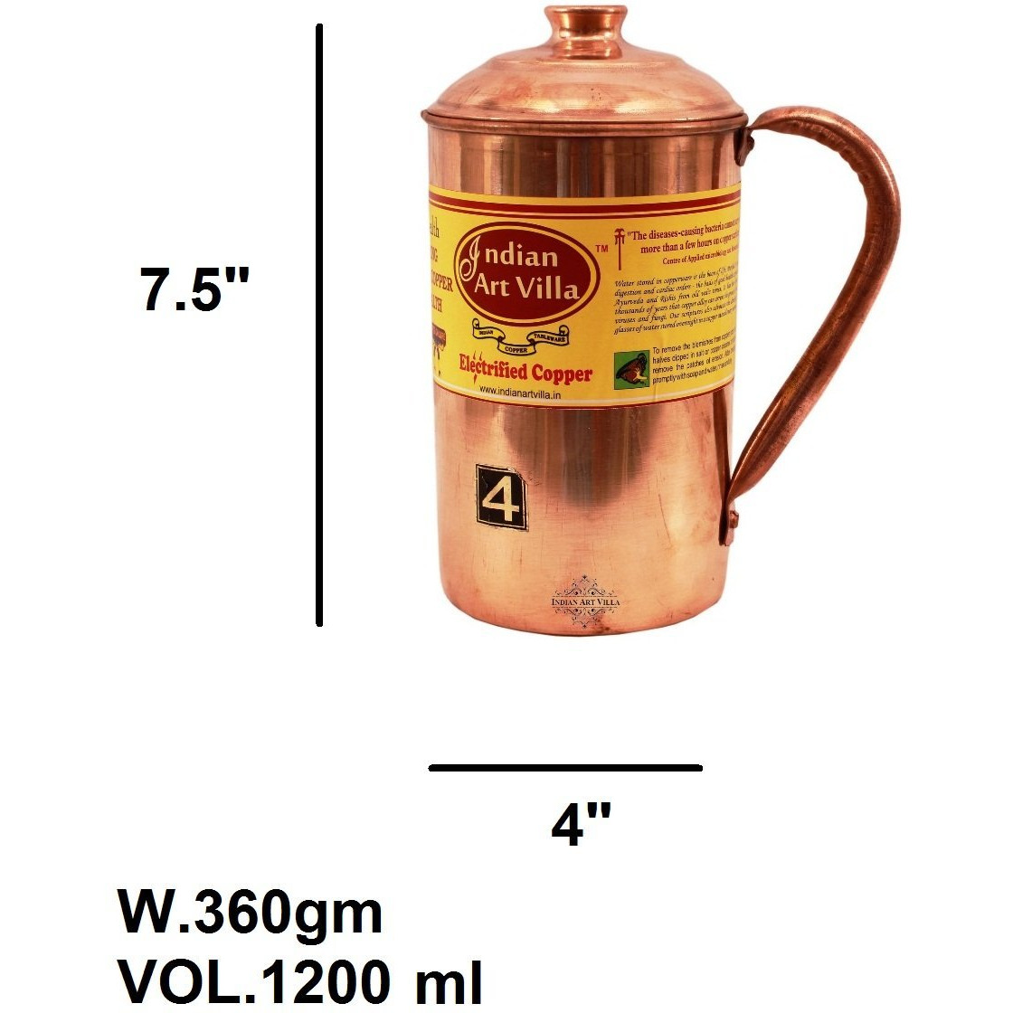 IndianArtVilla Copper Plain Jug Pitcher  40 OZ Health Benefit Yoga Ayurveda