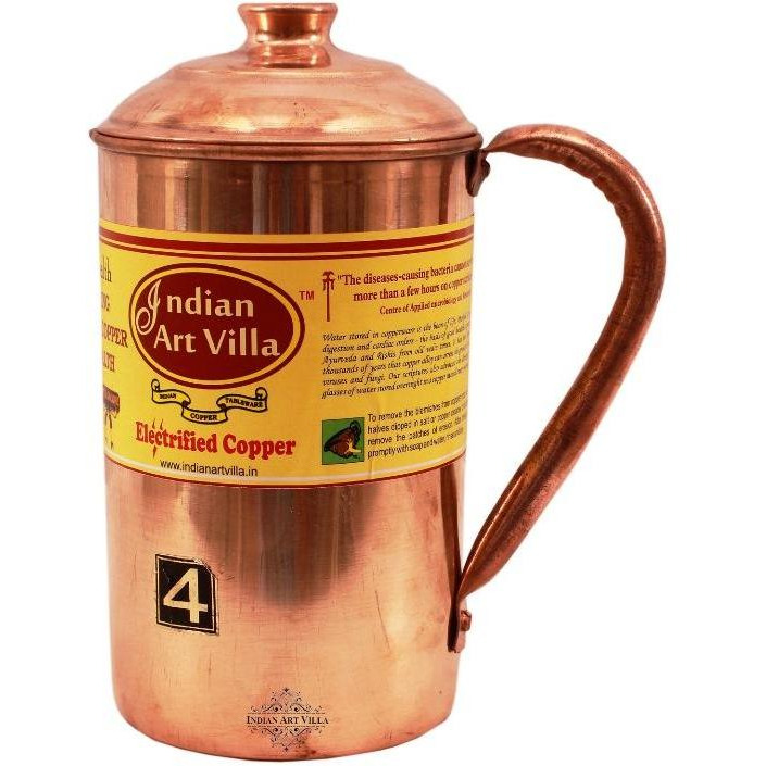 IndianArtVilla Copper Plain Jug Pitcher  40 OZ Health Benefit Yoga Ayurveda