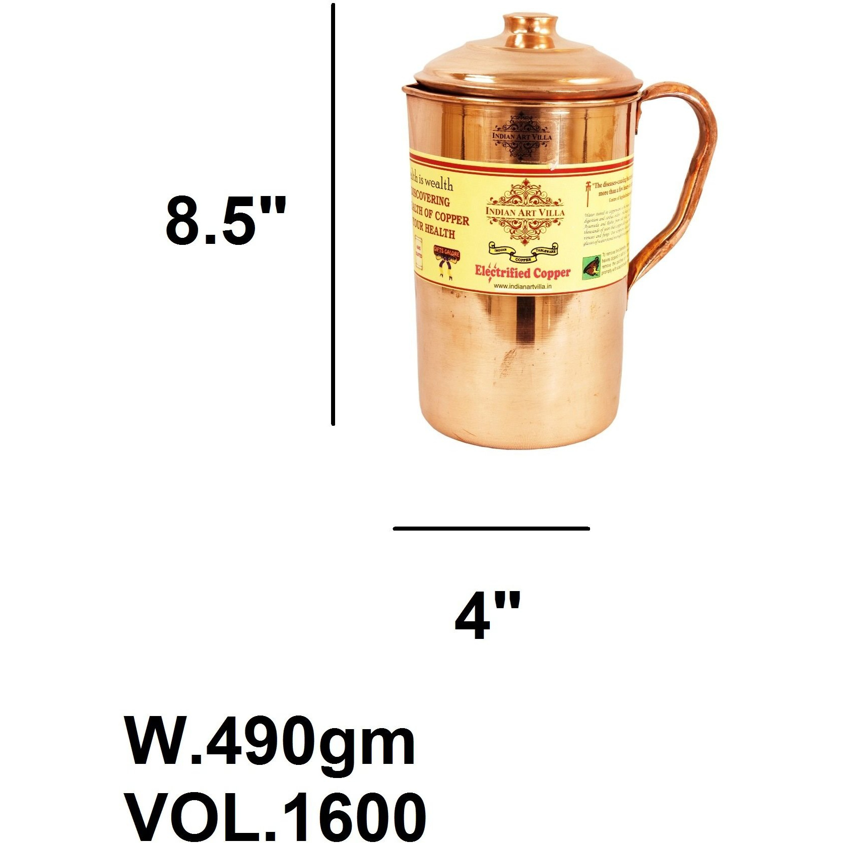 IndianArtVilla Copper Plain Jug Pitcher54 OZ storage Water Health Benefit Yoga