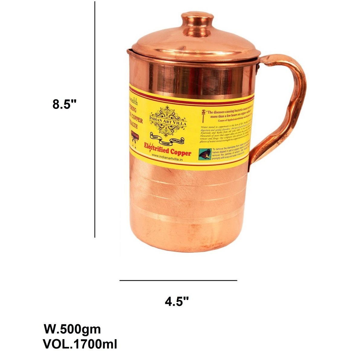 IndianArtVilla Copper Luxury Jug Pitcher 57 OZ storage Water Ayurveda Healing
