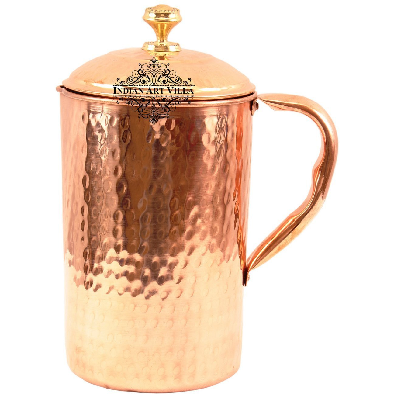 IndianArtVilla Copper Hammered Jug with Brass Designer Lid 33 OZStorage Water