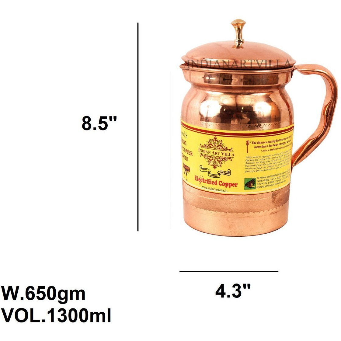 IndianArtVilla Copper Hammered Apex Jug Pitcher Storing & Serving Water 43 OZ
