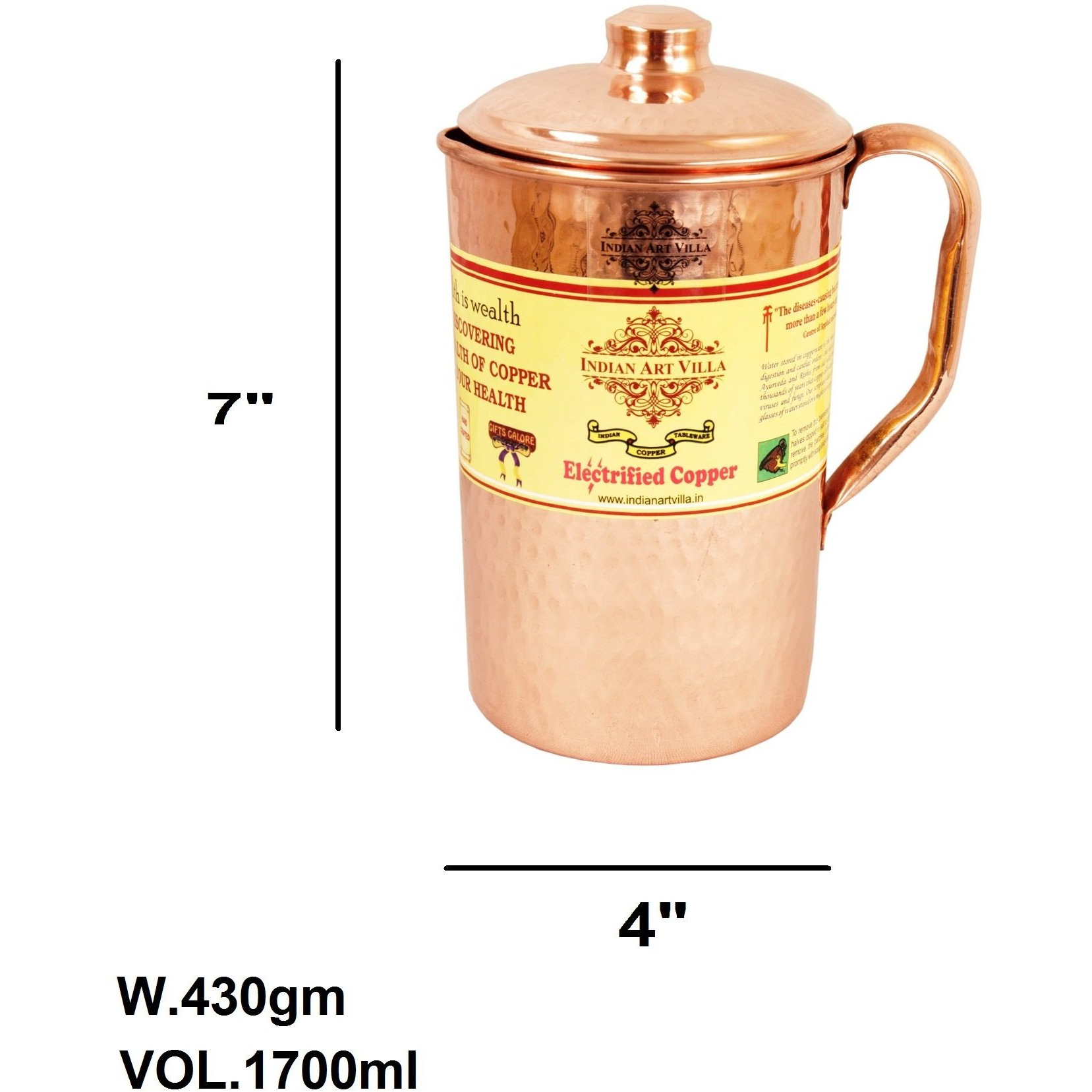 IndianArtVilla Copper Hammered Jug PitcherAyurveda Healing  57 OZ
