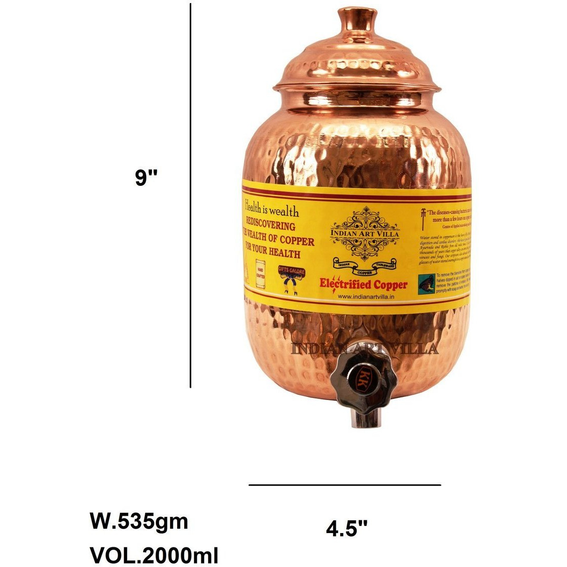 IndianArtVilla Copper Hammered Joint Free Water Pot Container & Tap 67 OZ