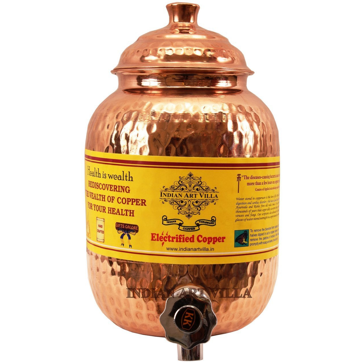 IndianArtVilla Copper Hammered Joint Free Water Pot Container & Tap 67 OZ