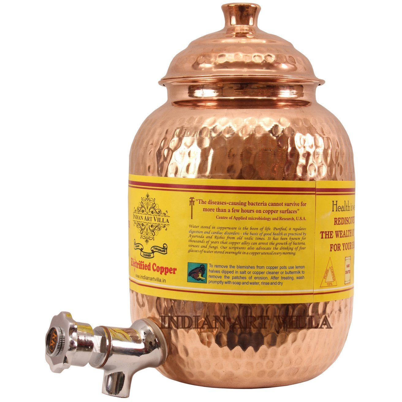 IndianArtVilla Copper Hammered Joint Free Water Pot Container & Tap 67 OZ