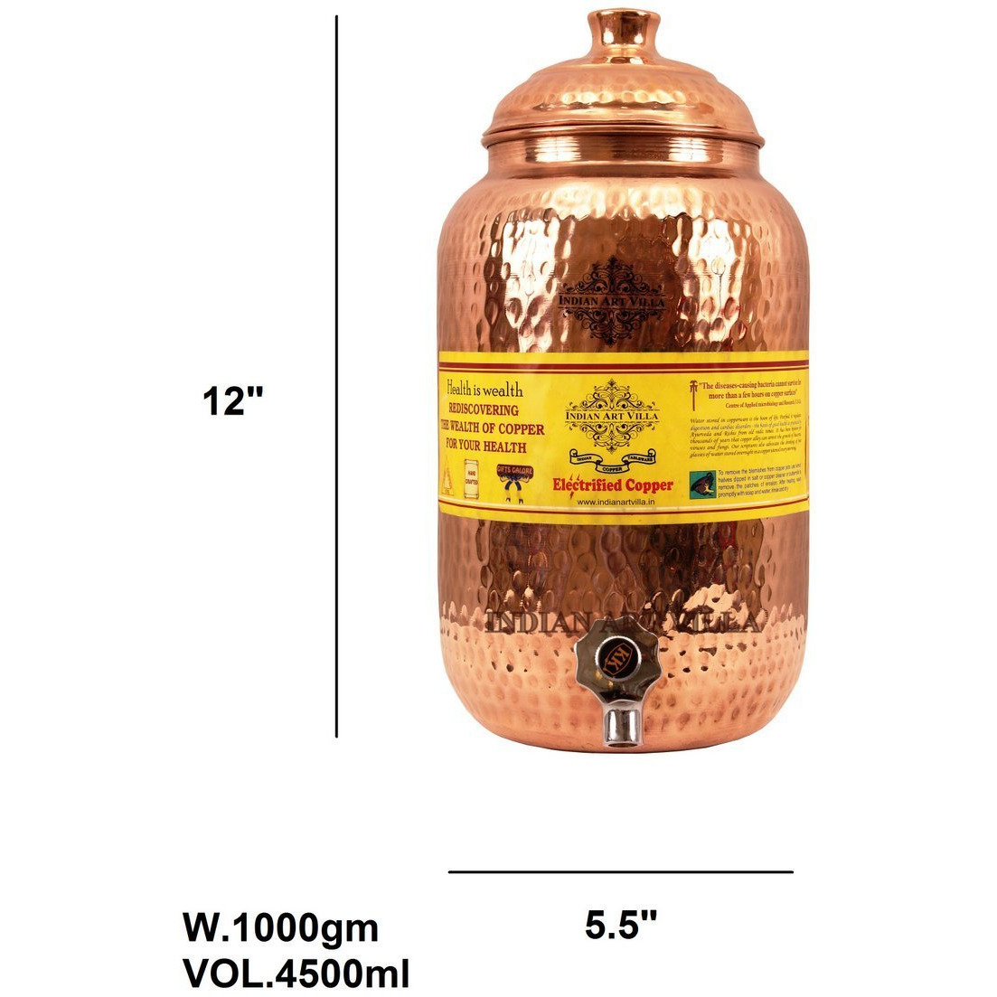 IndianArtVilla Copper Hammered Joint Free Water Pot Container & Tap 152 OZ