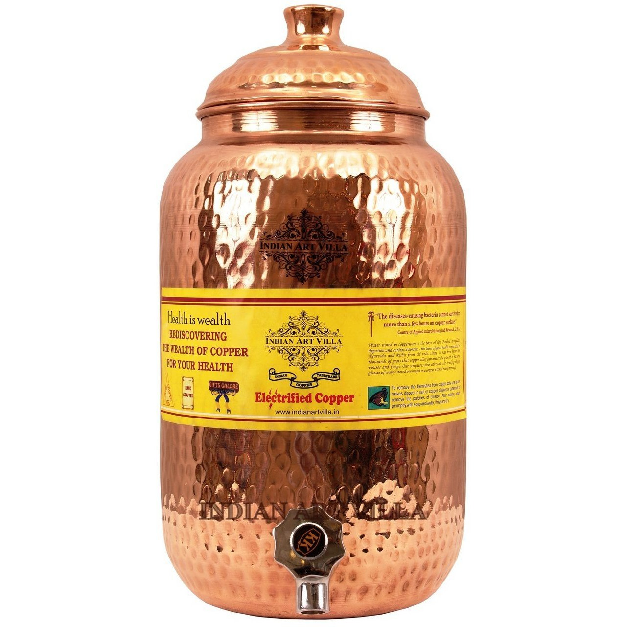 IndianArtVilla Copper Hammered Joint Free Water Pot Container & Tap 152 OZ