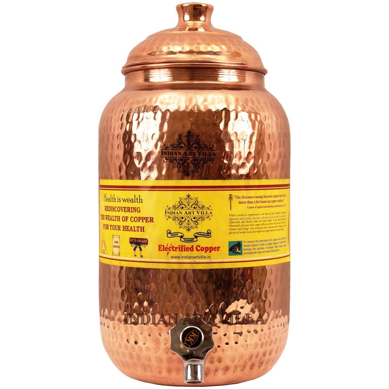 IndianArtVilla Copper Hammered Joint Free Water Pot Container & Tap 152 OZ