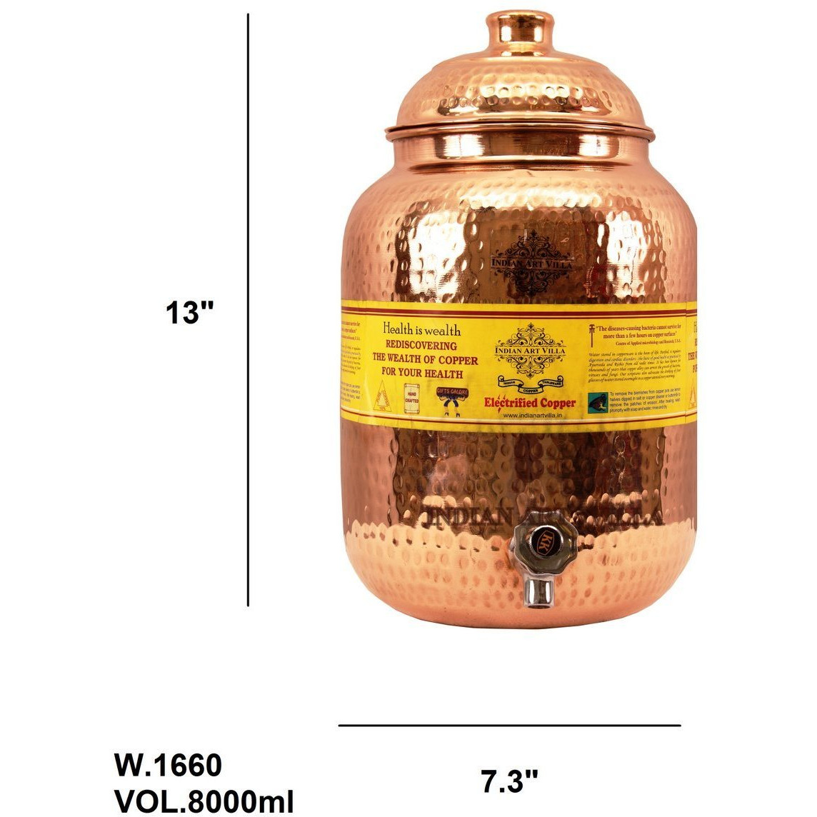 IndianArtVilla Copper Hammered Joint Free Water Pot Container & Tap 270 OZ