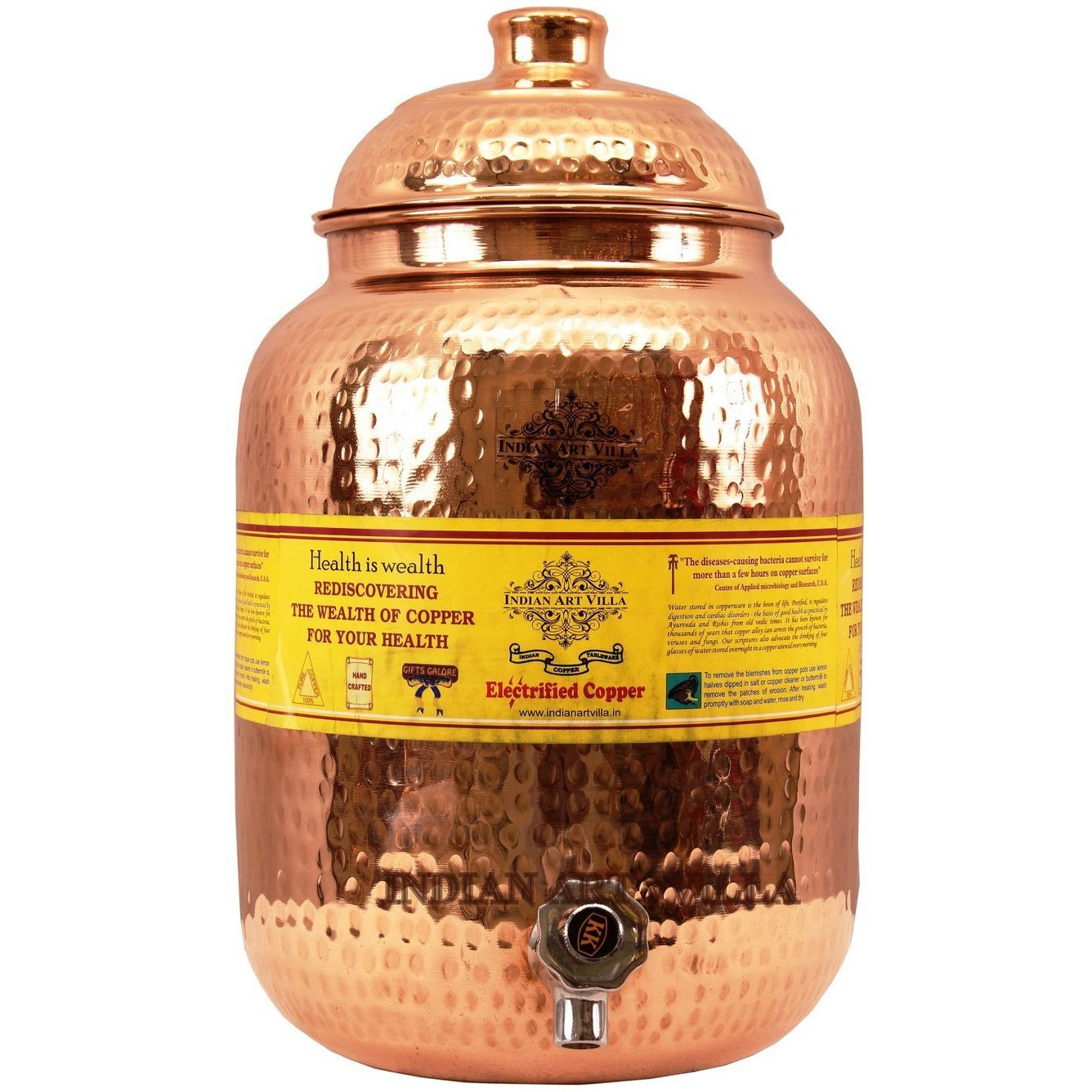 IndianArtVilla Copper Hammered Joint Free Water Pot Container & Tap 270 OZ