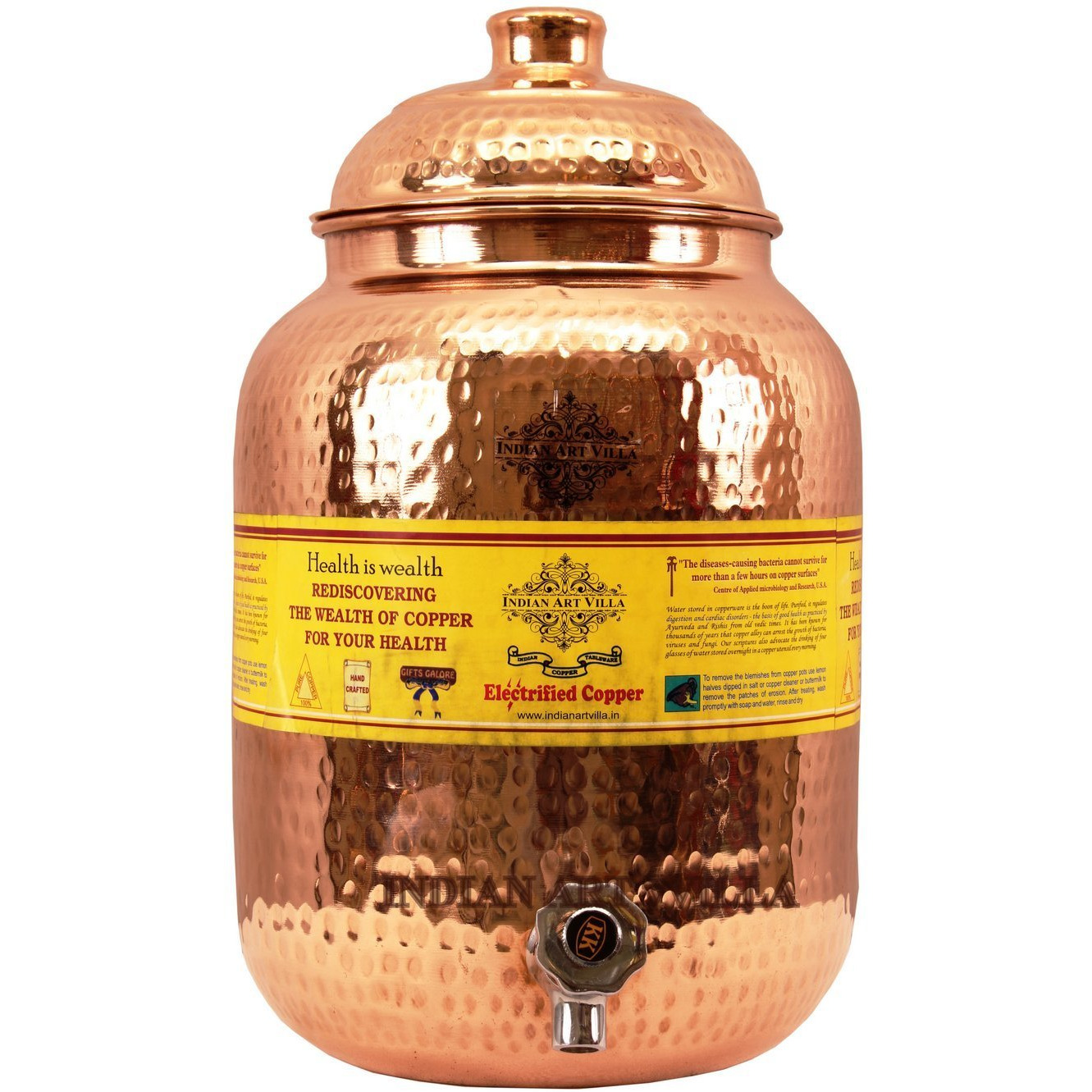 IndianArtVilla Copper Hammered Joint Free Water Pot Container & Tap 270 OZ