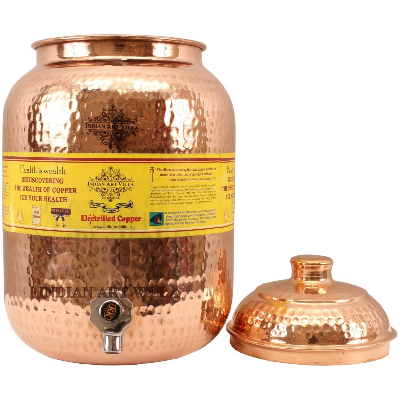 IndianArtVilla Copper Hammered Joint Free Water Pot Container & Tap 270 OZ