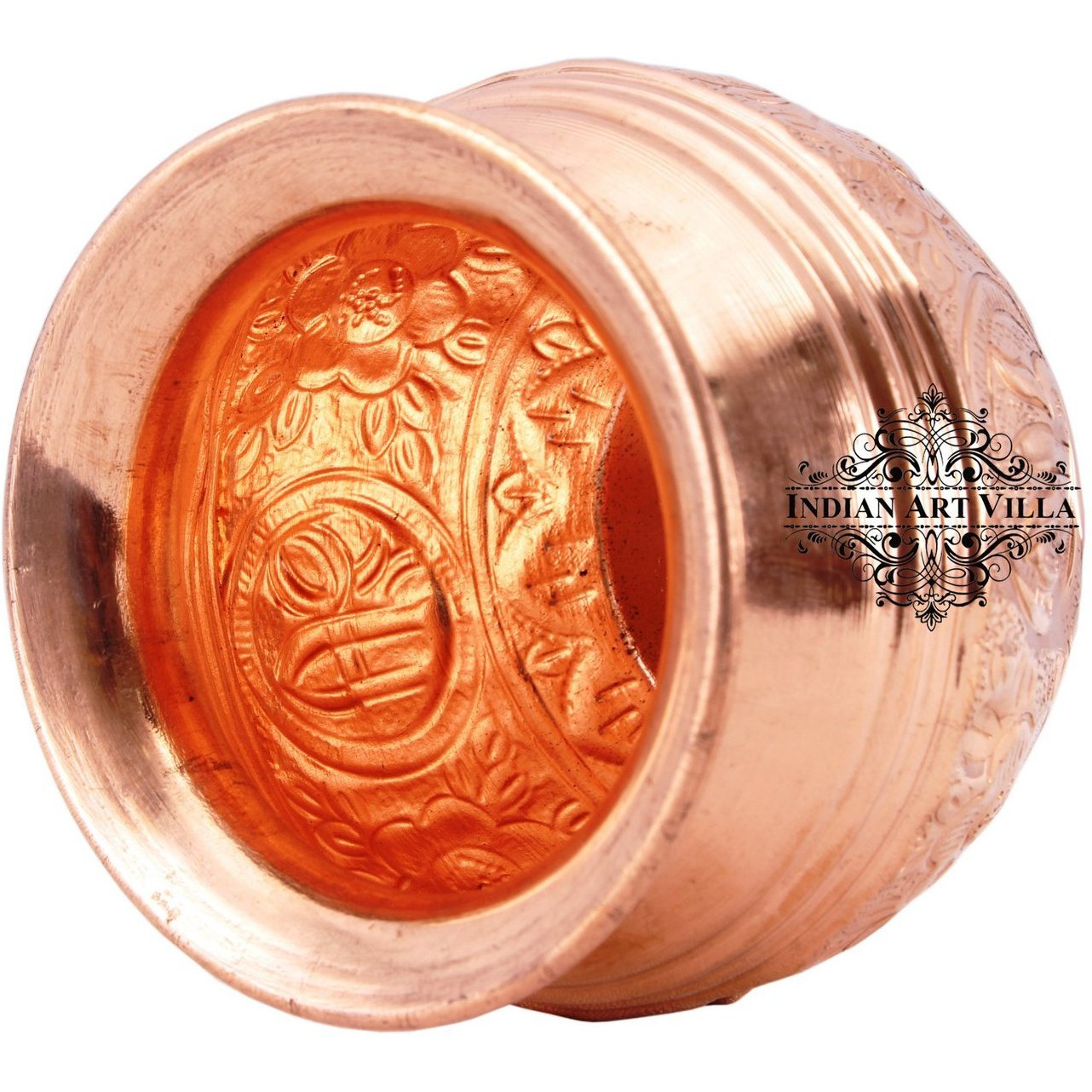 IndianArtVilla Copper Lining Swastik Design Lota Kalash Container 10 OZ