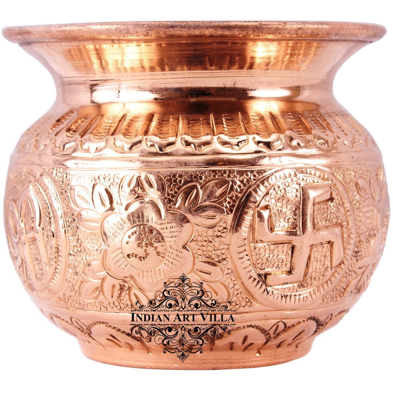IndianArtVilla Copper Swastik Design Round Lota Kalash Container 11 OZ