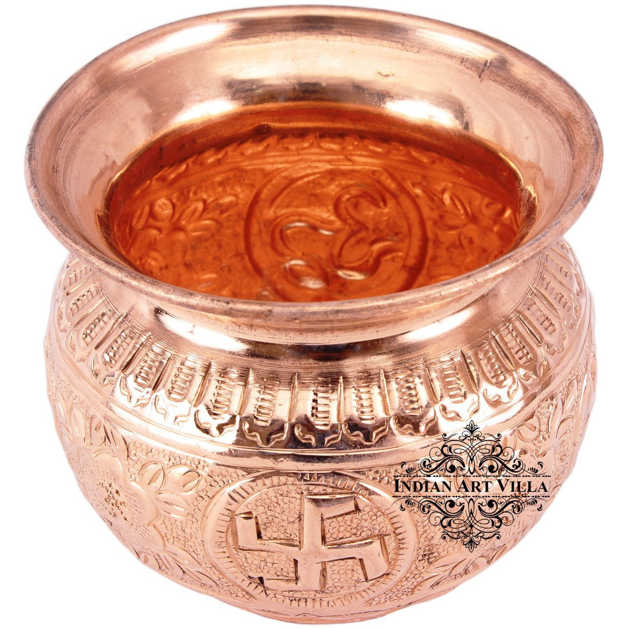 IndianArtVilla Copper Swastik Design Round Lota Kalash Container 11 OZ
