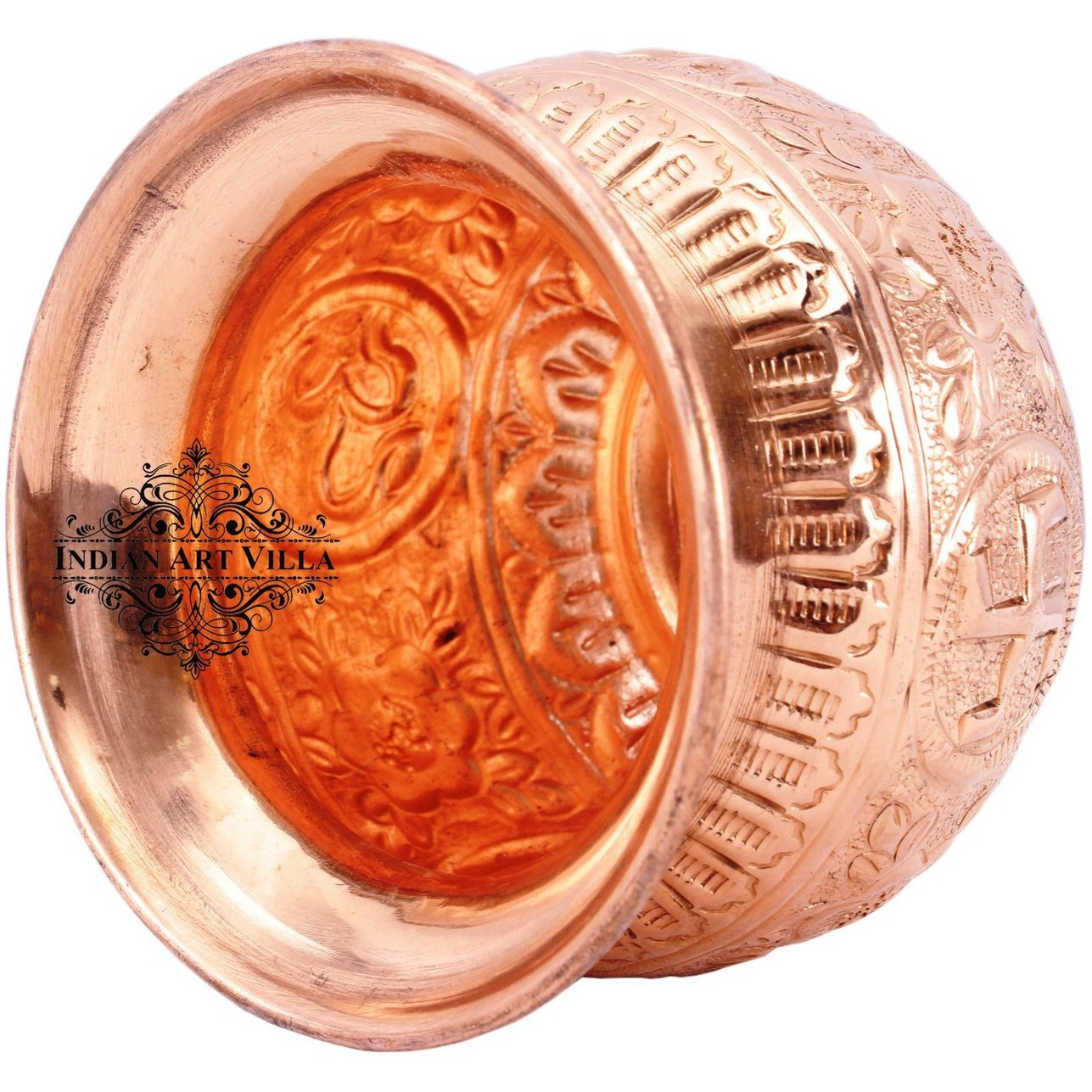 IndianArtVilla Copper Swastik Design Round Lota Kalash Container 11 OZ