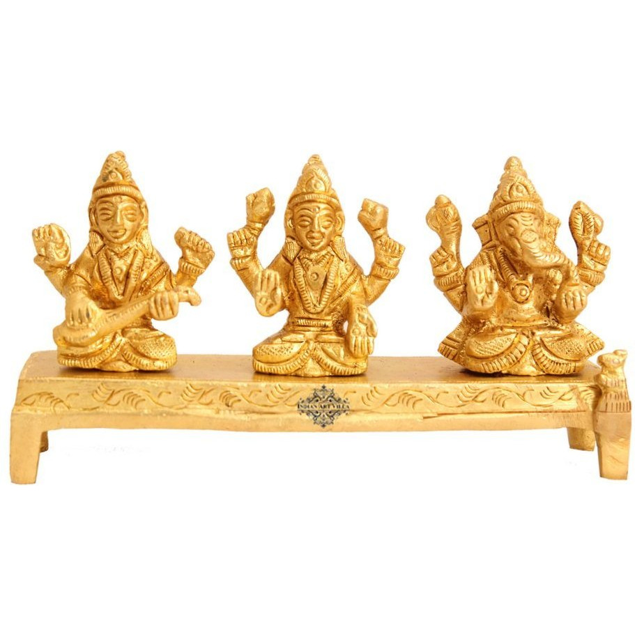 IndianArtVilla Brass Set Ganesh Ji Laxmi Ji Saraswati Ji on Singhasan Religious