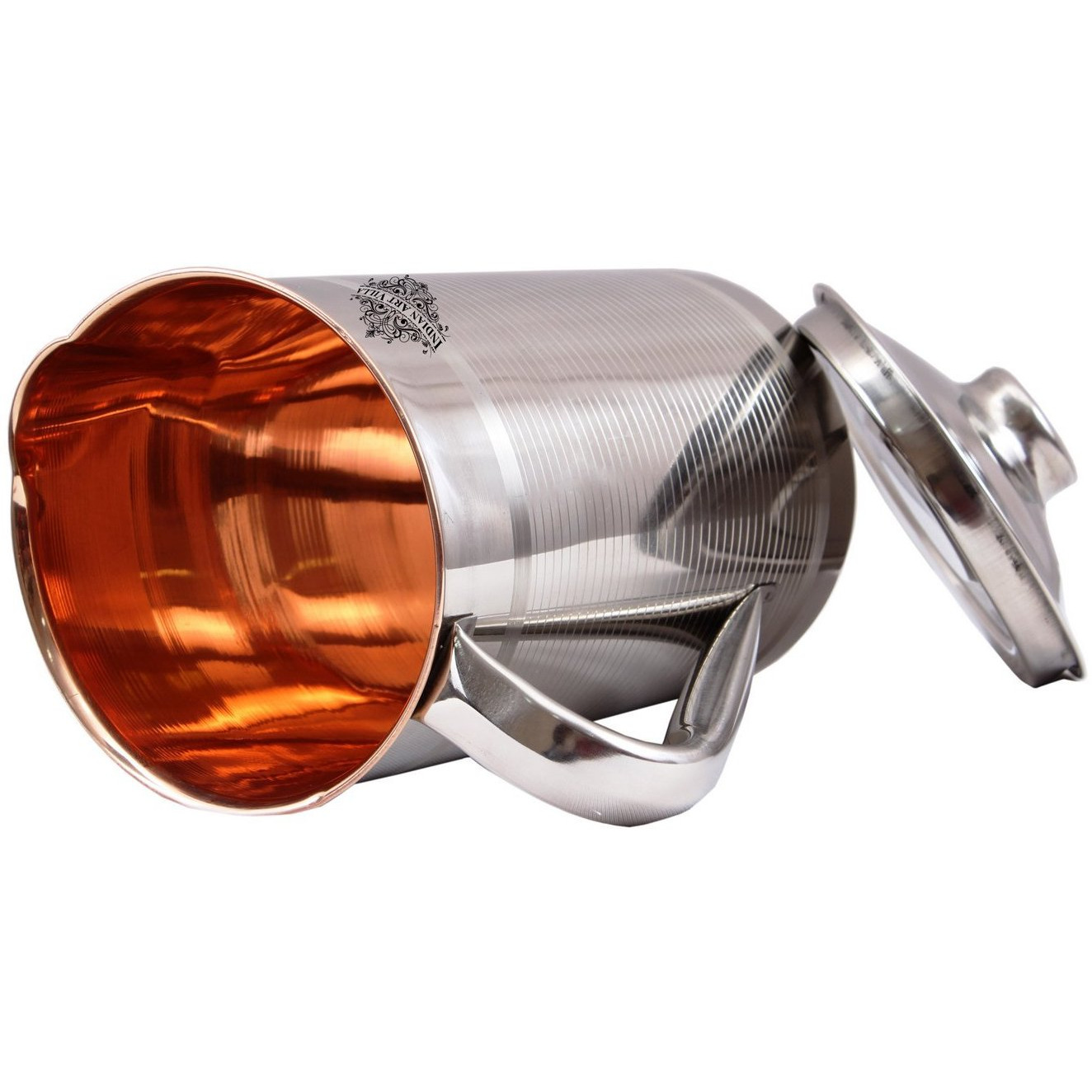 IndianArtVilla Steel Copper Lining Design Jug PitcherAyurveda Healing67 OZ