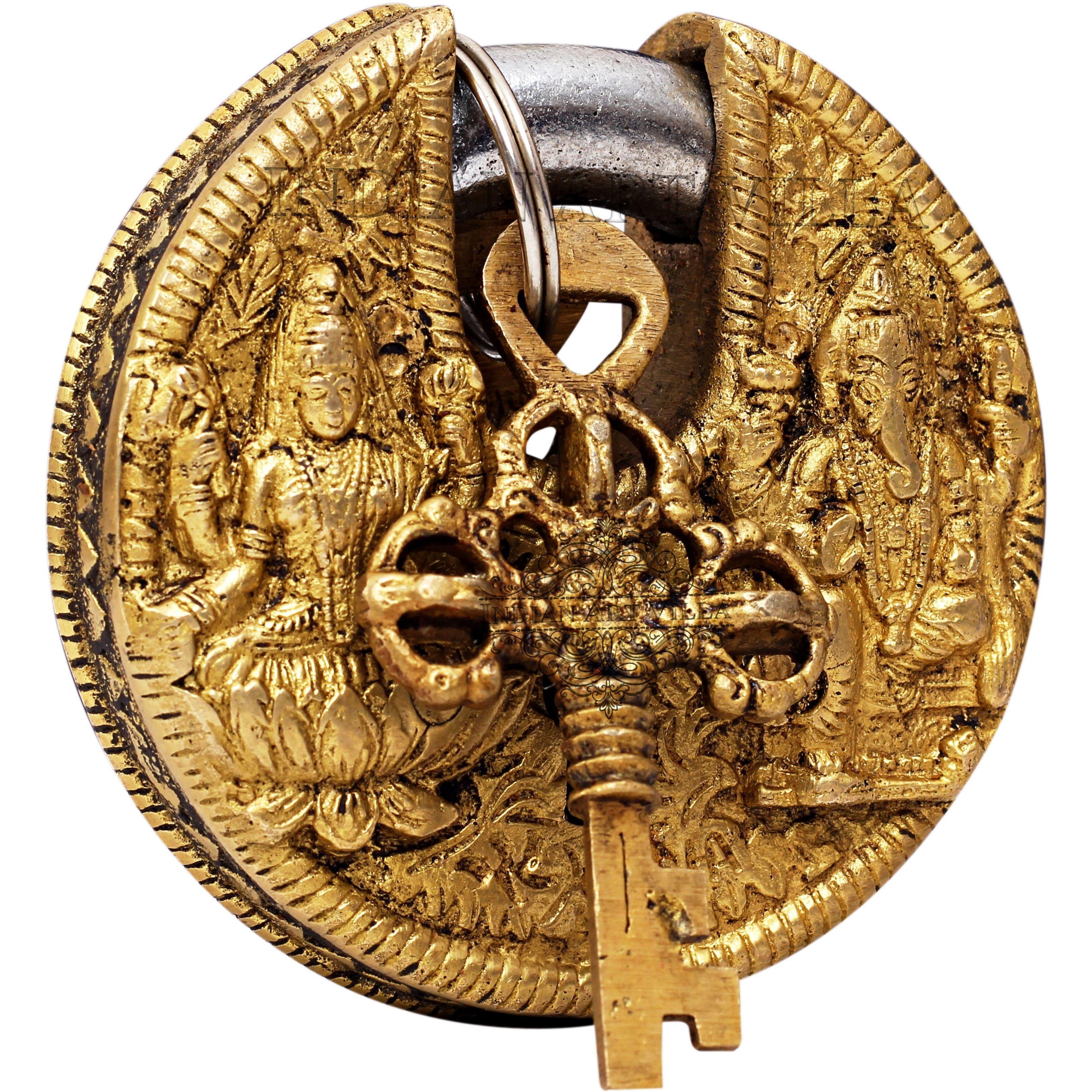 IndianArtVilla Ganesh Lakshmi Ji Design Round Brass Pad chatar sword designer Security Safety