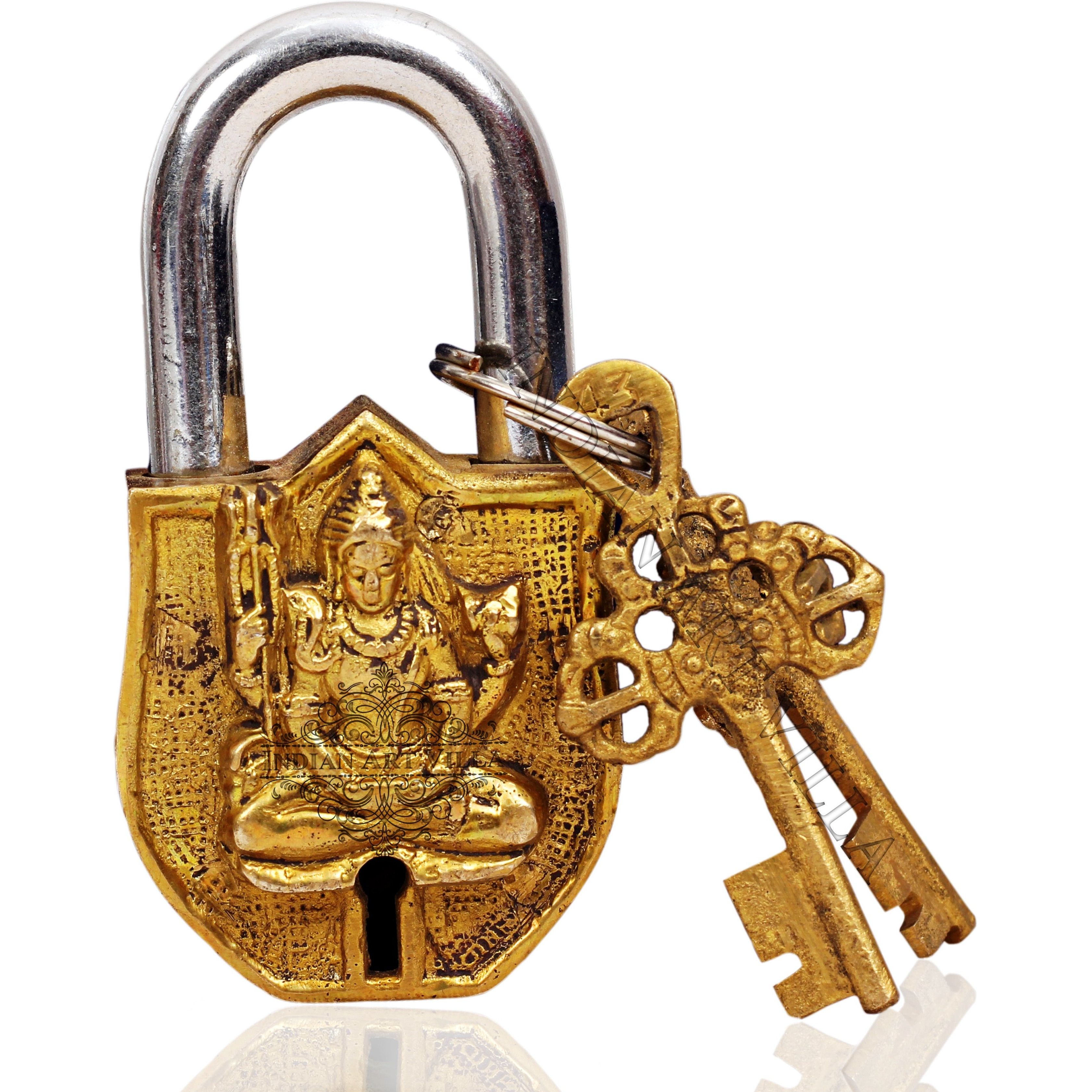 IndianArtVilla Meditating Lord Shiva Design Round Brass Security Pad chatar sword designer